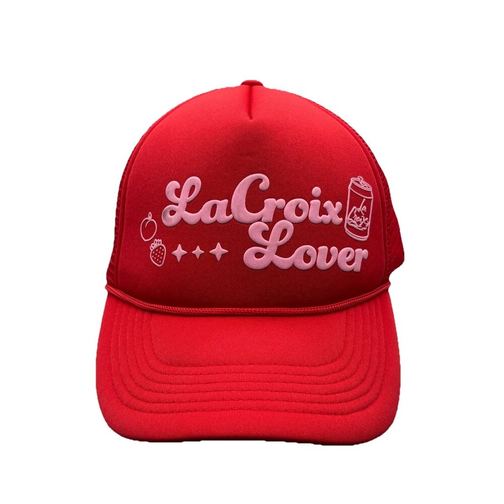 Official LaCroix Lover Trucker Hat Berry Red Pink Puff Print Snapback Cap NWT